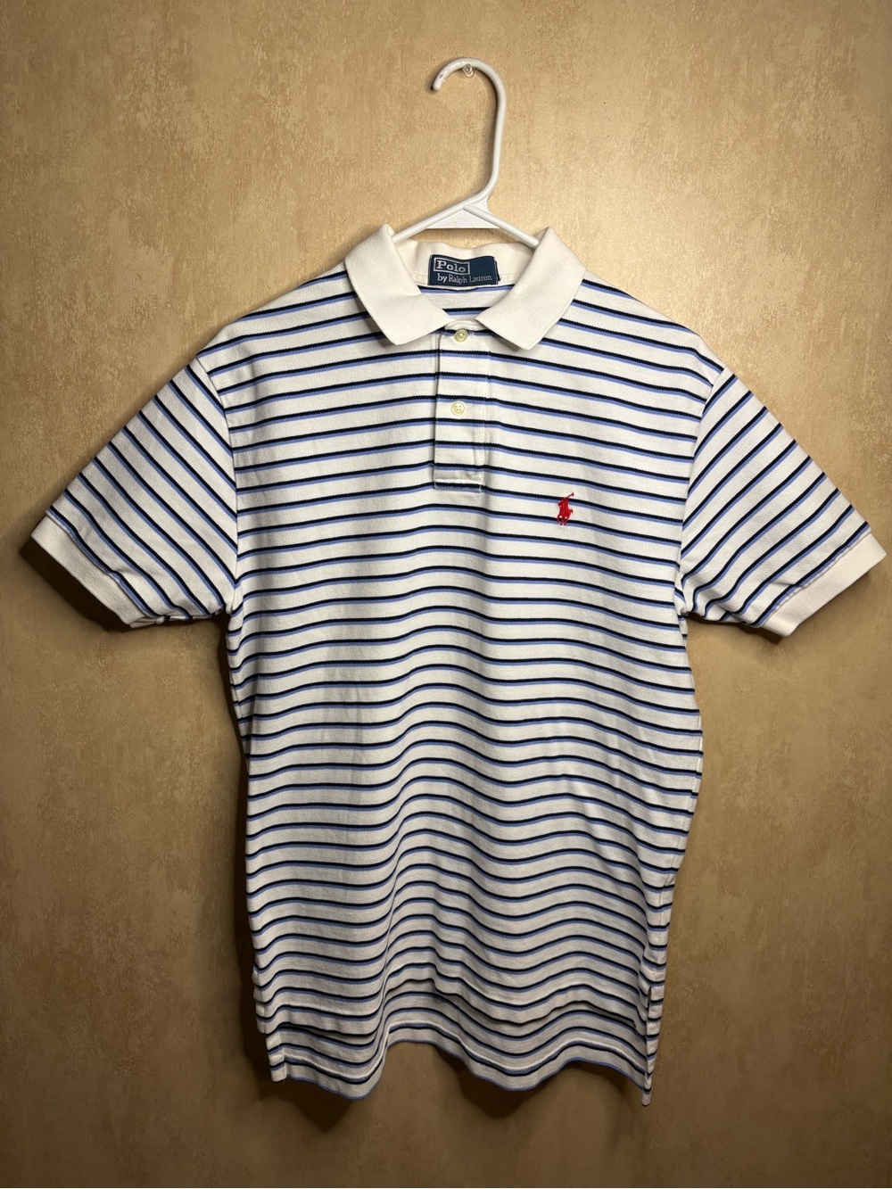 Polo by Ralph Lauren White with Blue Stripe Cotton Polo with Red Logo